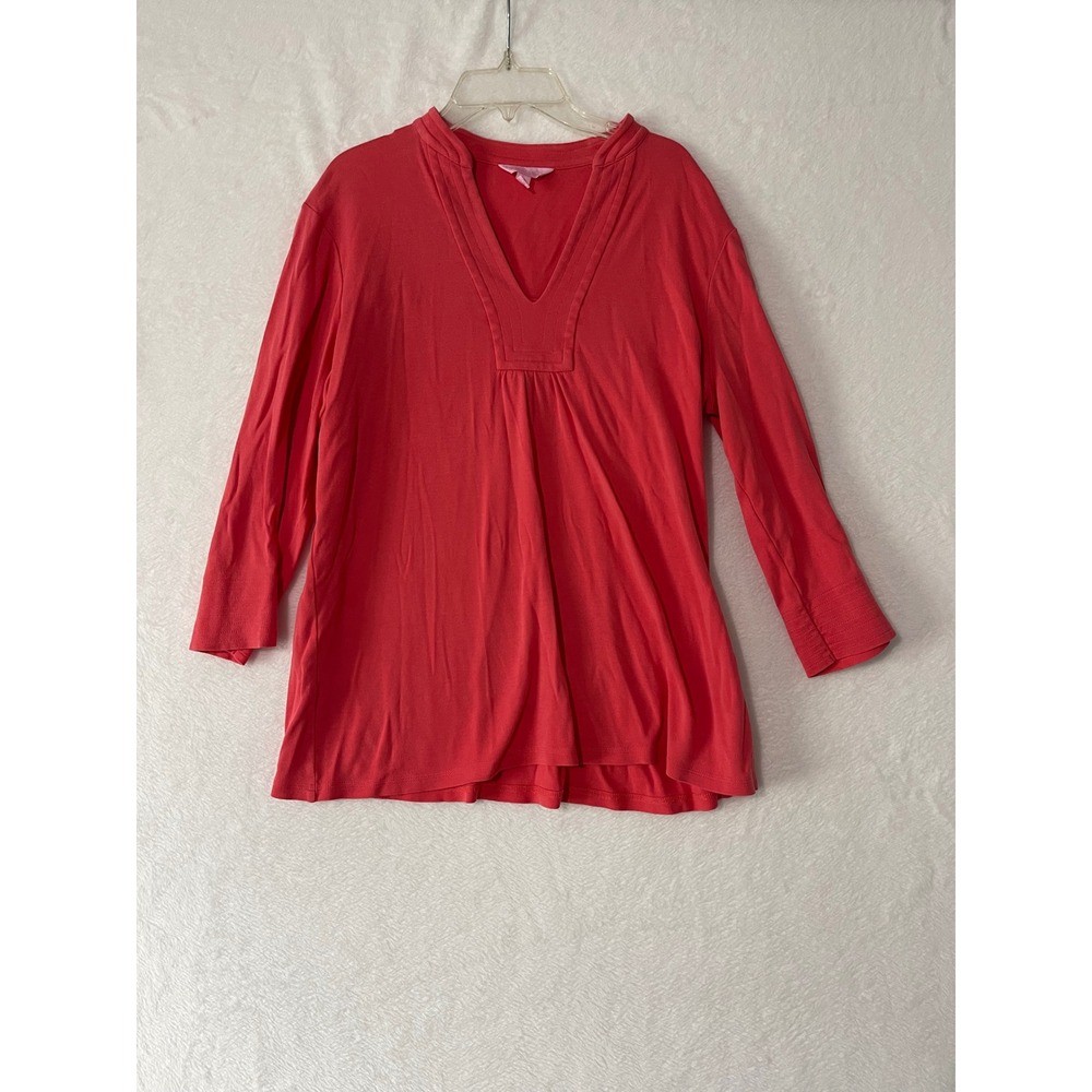 Lilly Pulitzer Womens Large Coral Red V-Neck 3/4 Sleeve Pleated Top Preppy